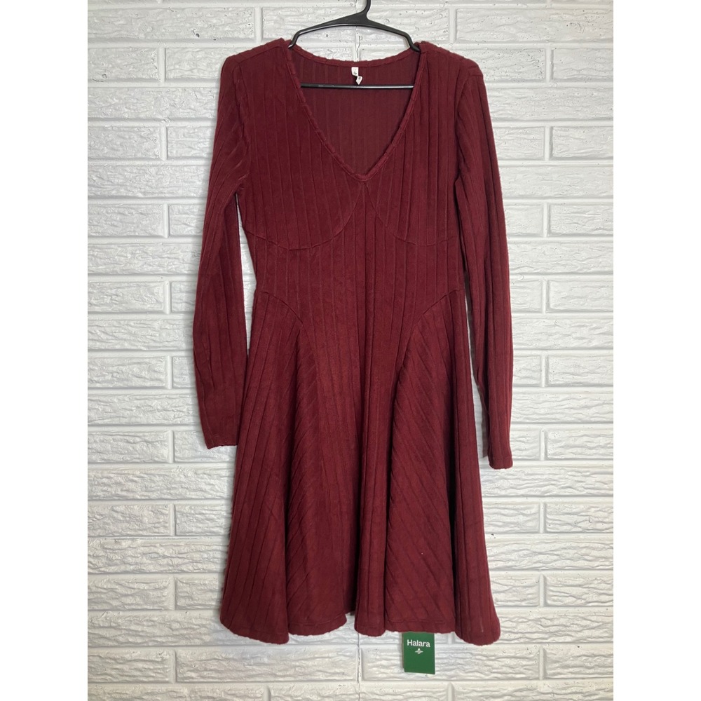 Halara Fit and Flare Dress Womens M Burgundy Red NWT Ribbed Long Sleeve V-Neck